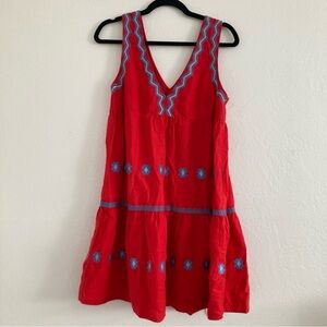 Loft Linen Blend Red Dress V Neck Embroidered Boho Festival Floral Tiered XS